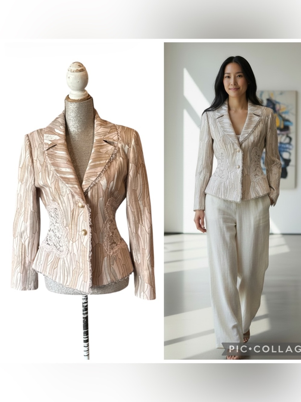 Orphee Paris Lace & Jacquard Ivory Multi Peplum Blazer Jacket Size Small